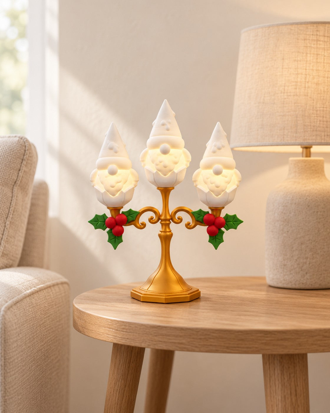 Gnome Candelabra in a calm, softly lit interior, shown at true scale