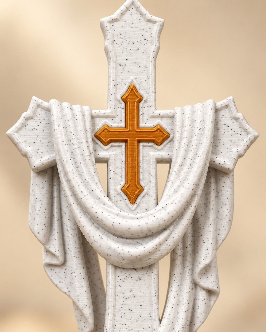 Close-up of the Illuminated Draped Cross showing fine printed layer lines