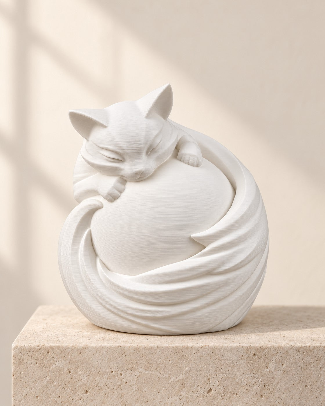 Sleeping Cat Lamp on a pale limestone plinth, soft studio light