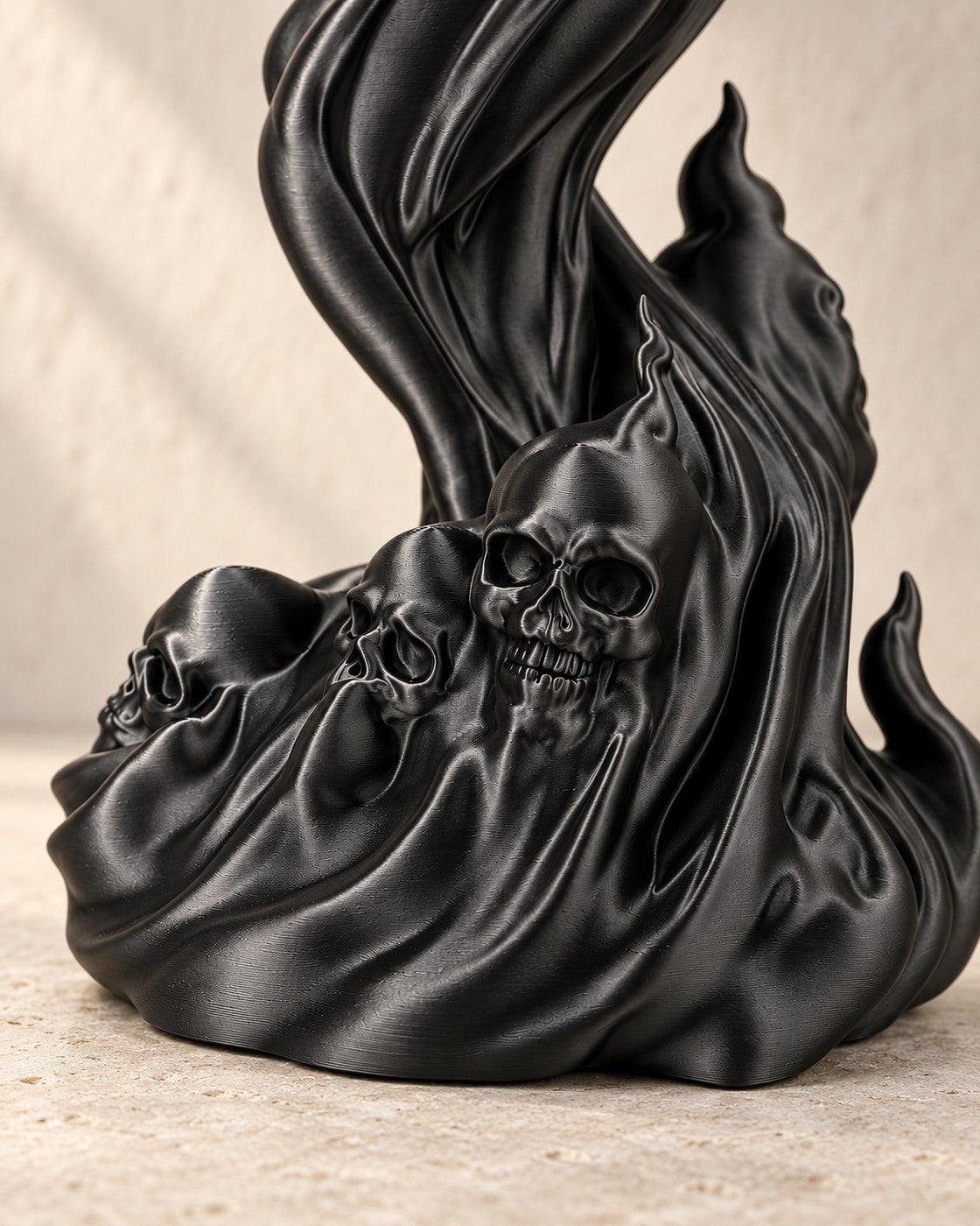 Close-up of the Flaming Skull Headphone Stand showing fine printed layer lines