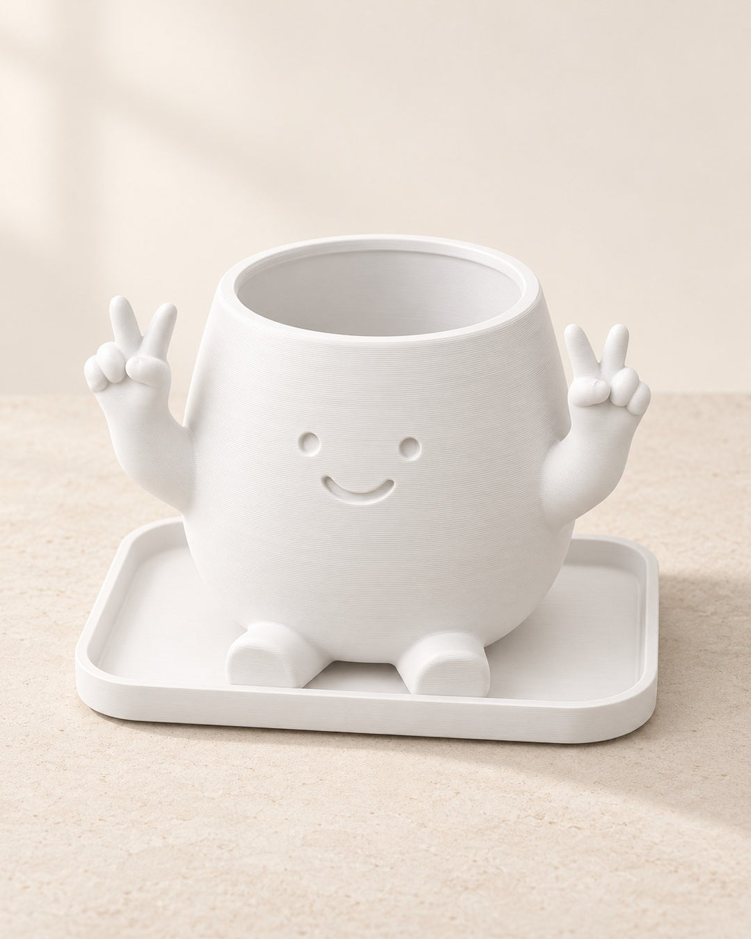 Zuki Planter: Smiling white PETG planter with raised peace-sign hands