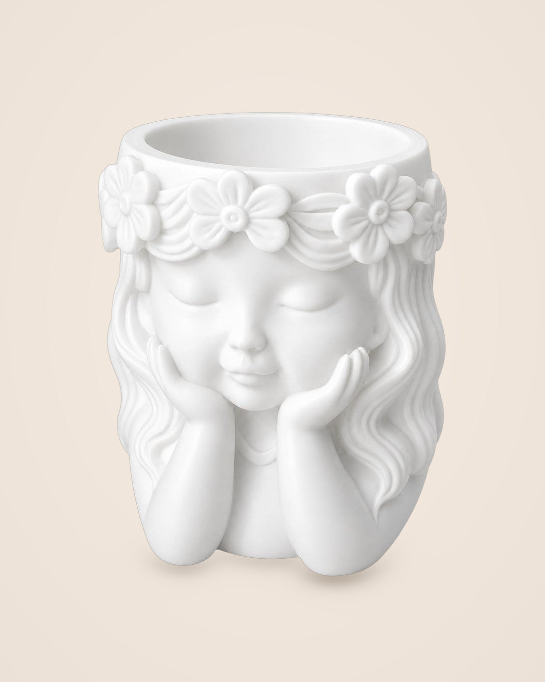 Sculpted Face Vase: Watertight matte white vase with a flowing floral crown