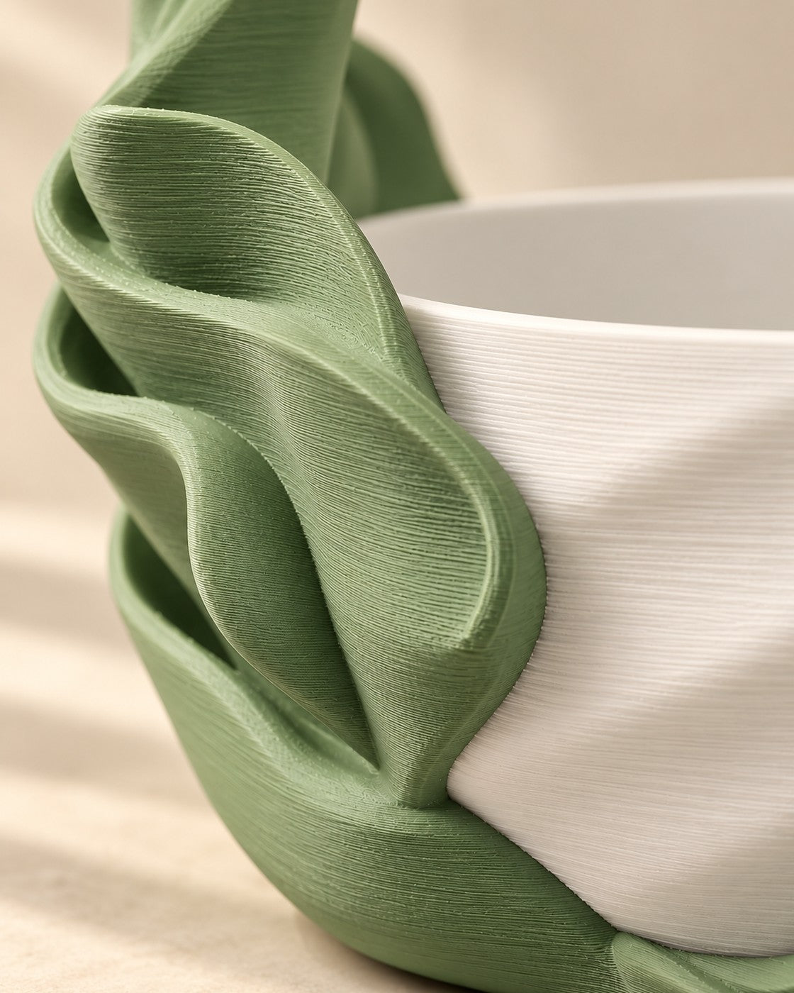 Close-up of the Seaweed Flow Self-Watering Planter showing fine printed layer lines
