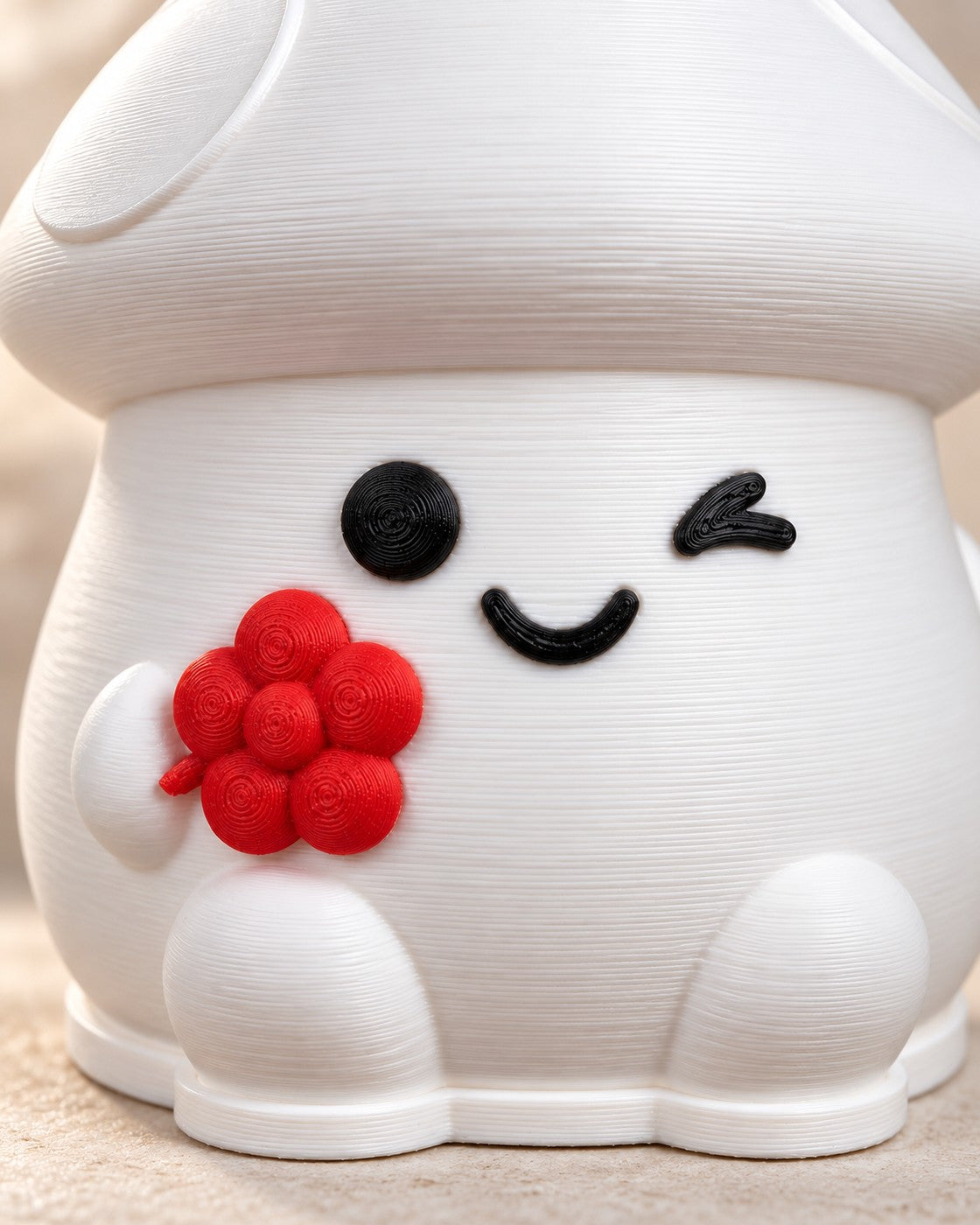 Close-up of the Winking Mushroom Lamp showing fine printed layer lines