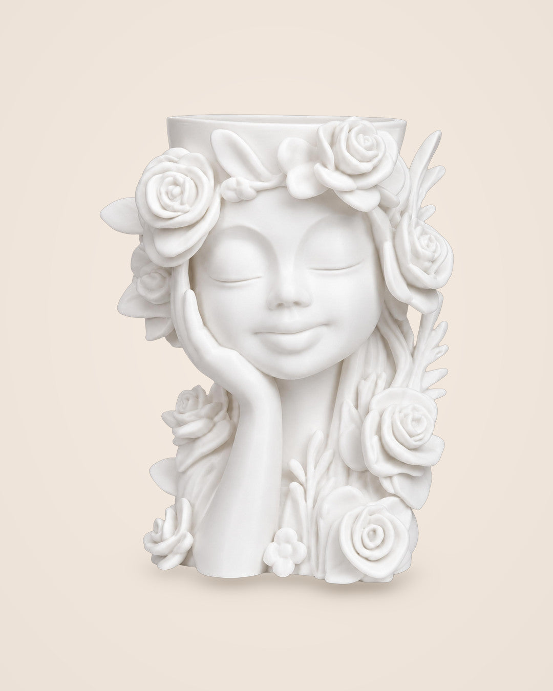 Girl Face Planter: Sculptural face planter with rose relief, in smooth matte white