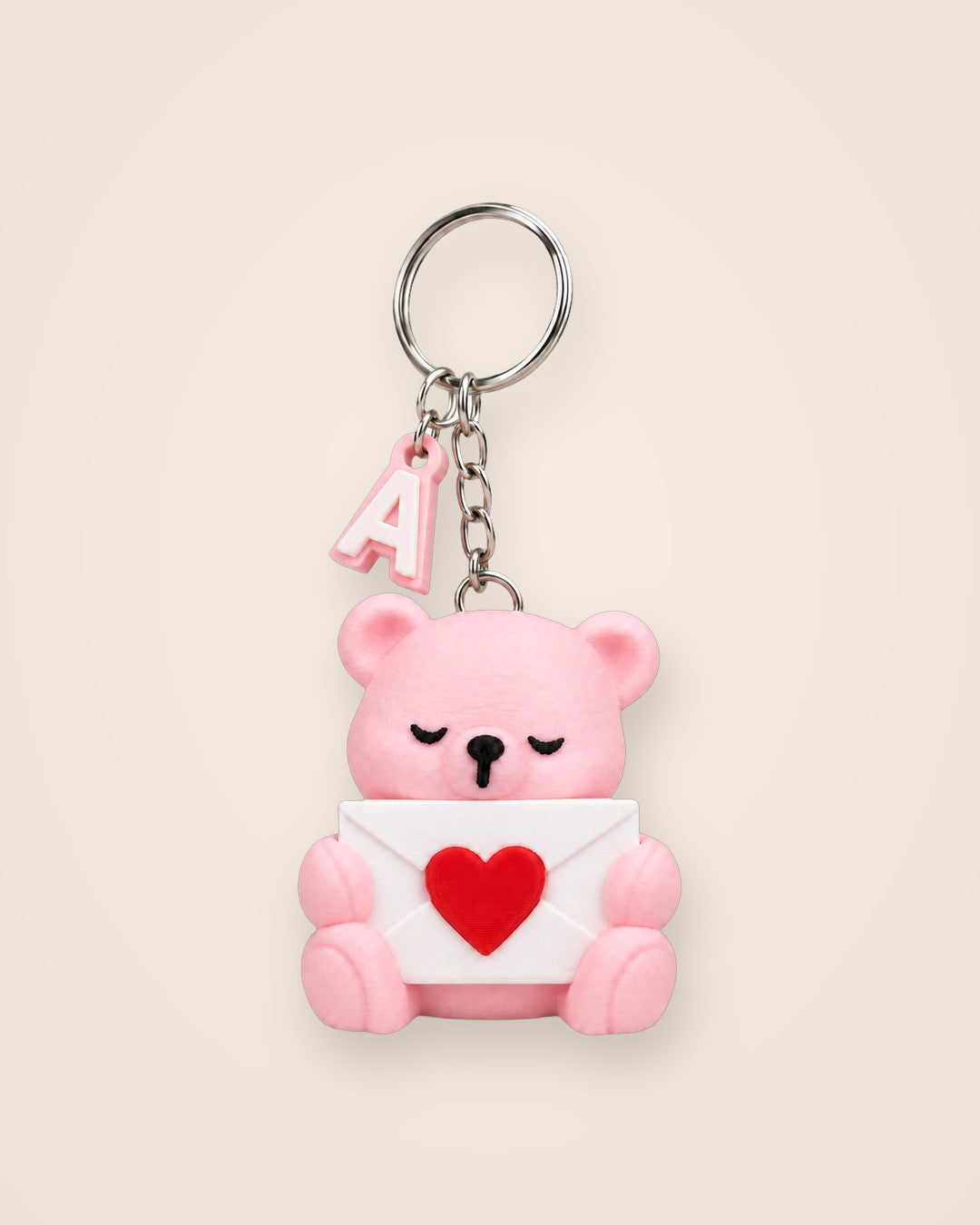 Initial Bear Keyring: Blush pink bear with envelope, heart and your chosen initial
