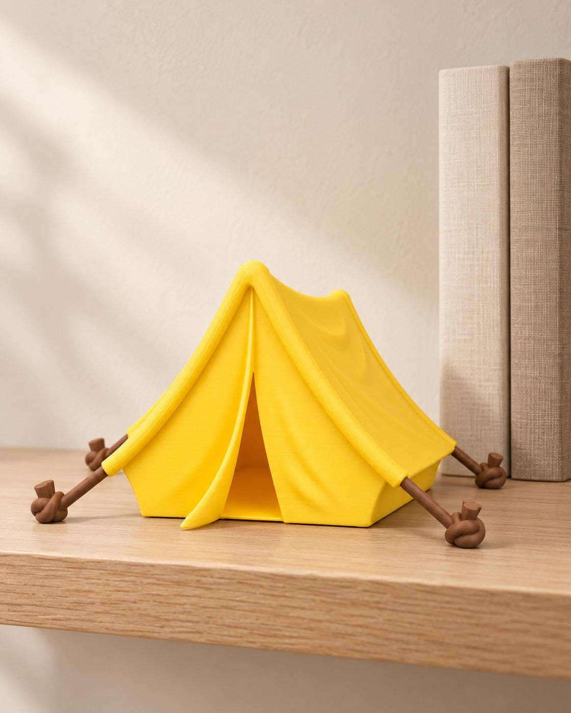 Miniature Camping Tent in a calm, softly lit interior, shown at true scale