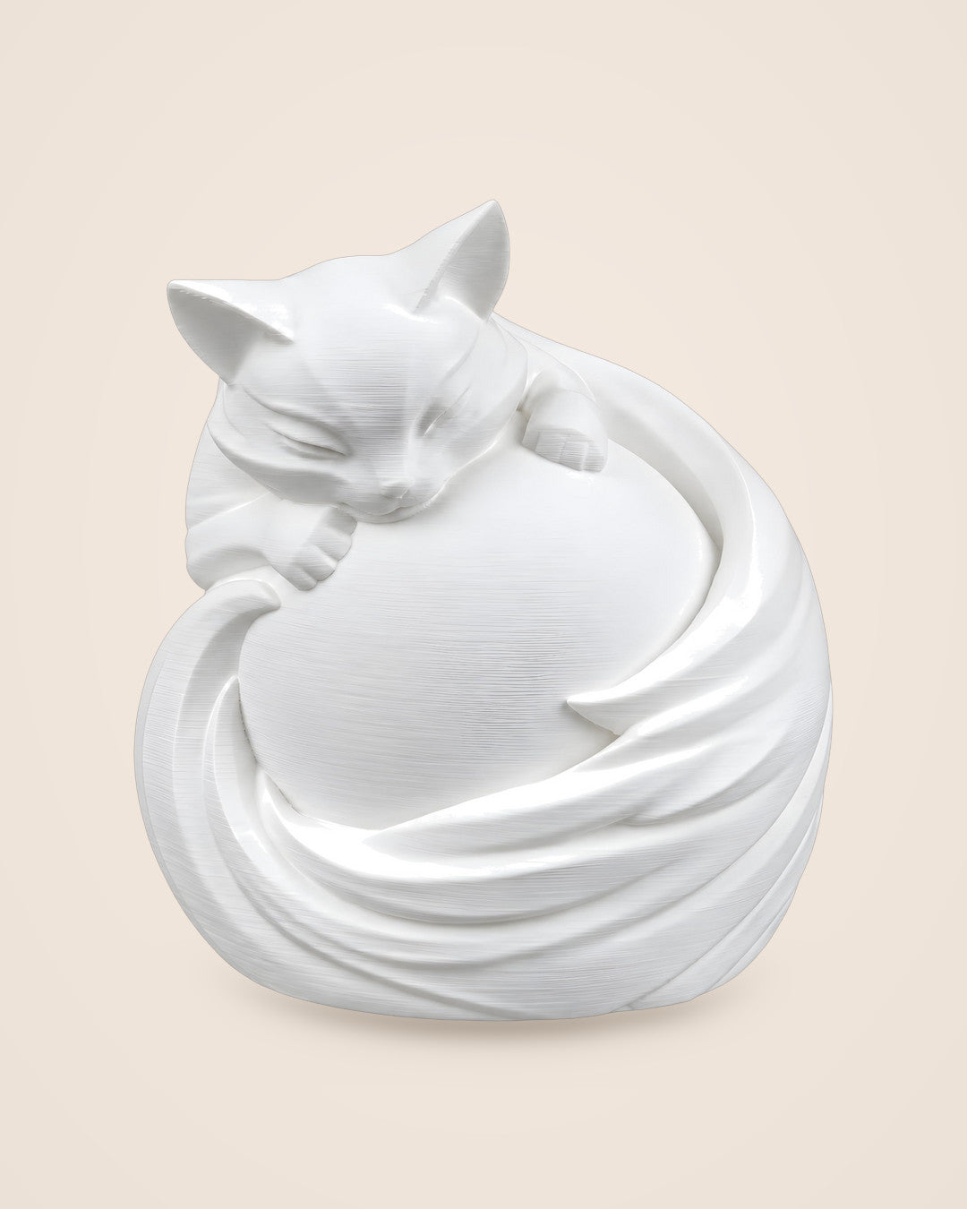 Sleeping Cat Lamp: Matte white cat curled around a frosted sphere, with a warm USB LED