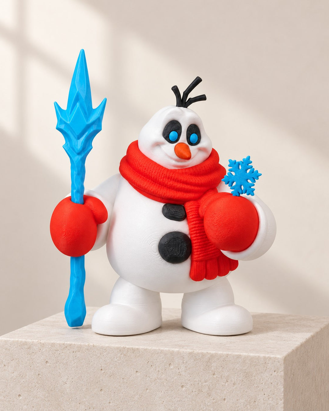 Snow Sentinel Snowman: Festive snowman figurine with an icy spear and a red scarf