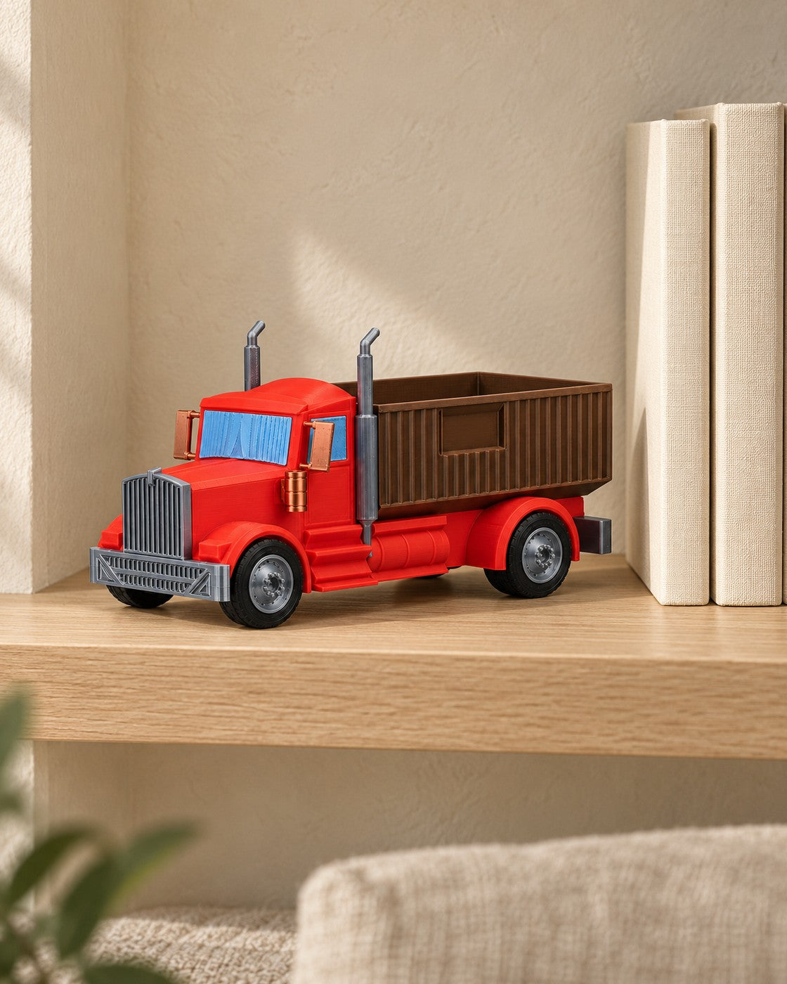 Tipper Truck Planter in a calm, softly lit interior, shown at true scale