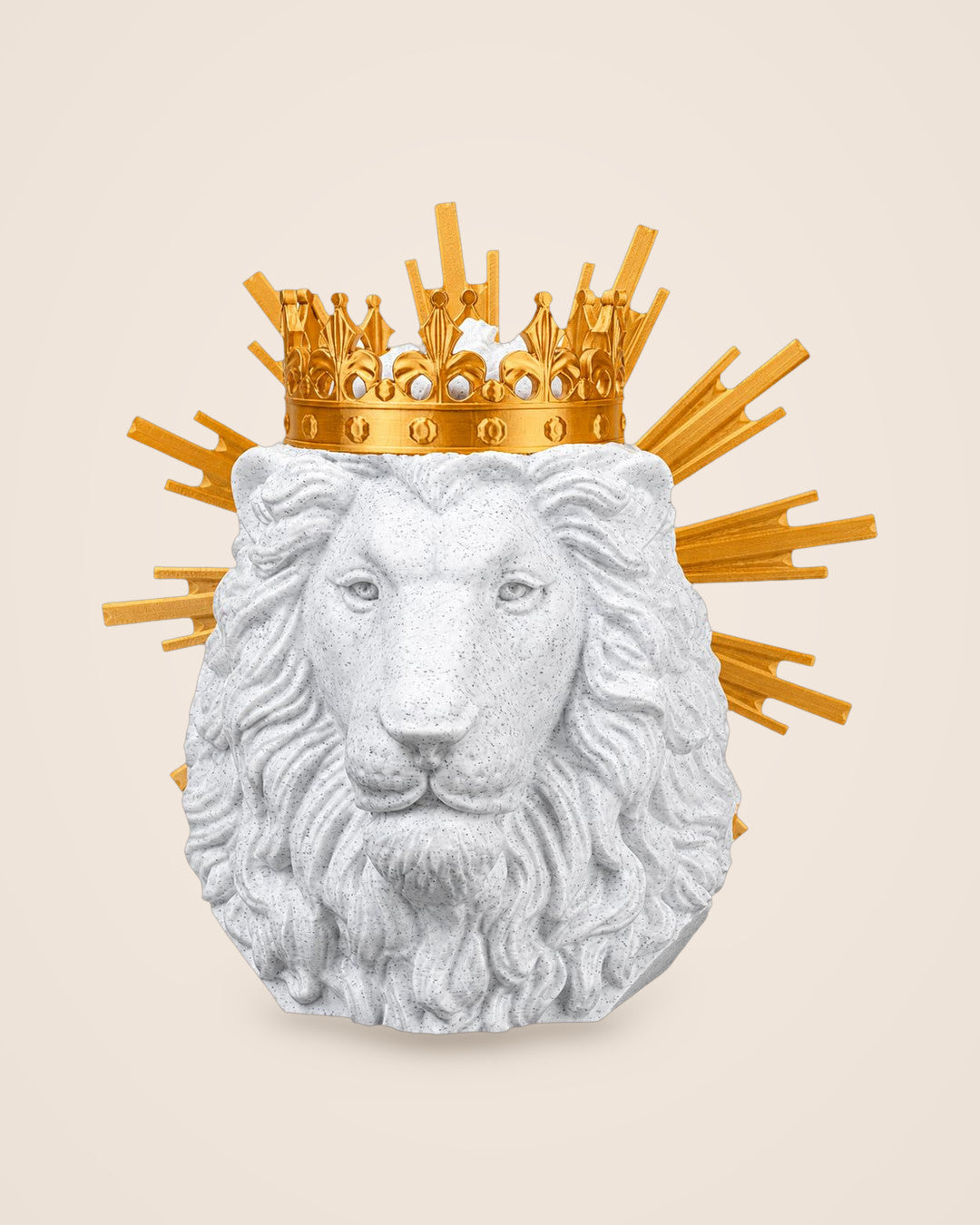 Lion of Judah Sculpture: A crowned lion with a flowing mane, in white and gold-coloured detail