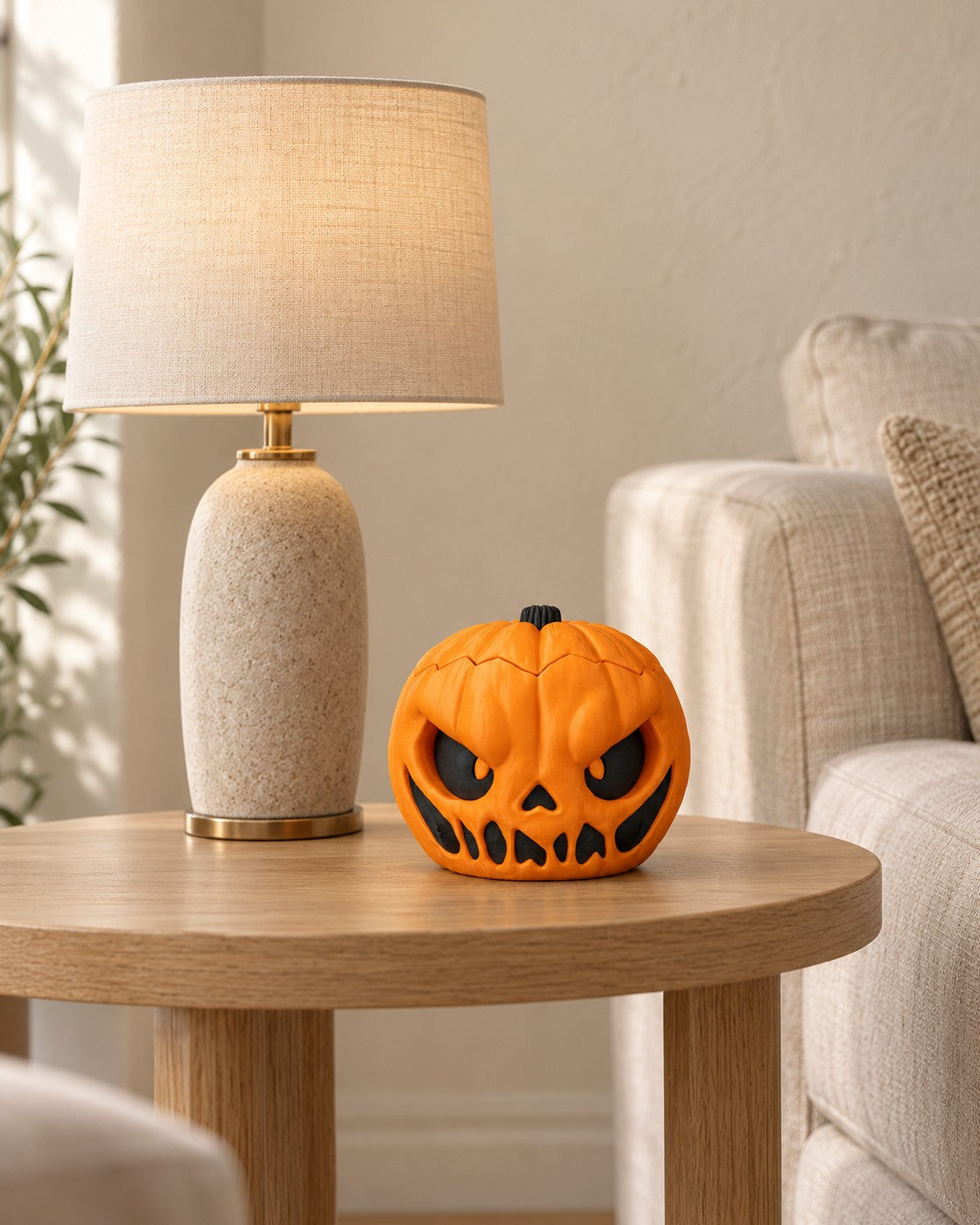 Possessed Pumpkin Bowl in a calm, softly lit interior, shown at true scale