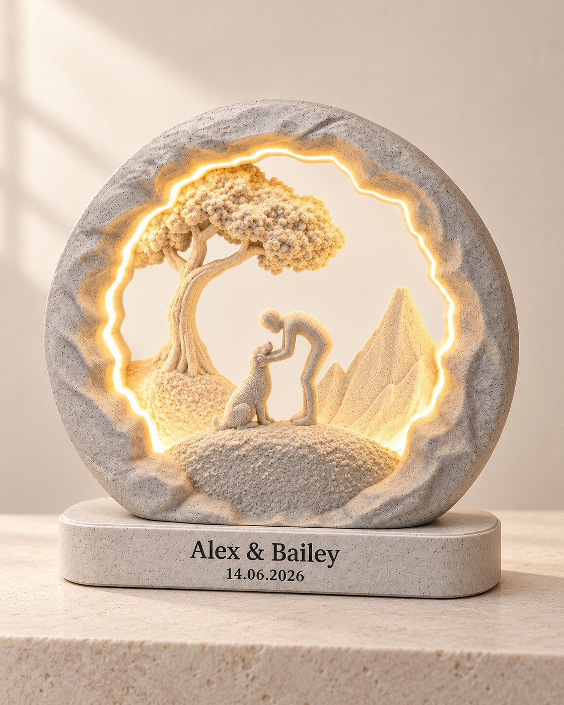 Good Boy Lamp, Personalised on a pale limestone plinth, soft studio light
