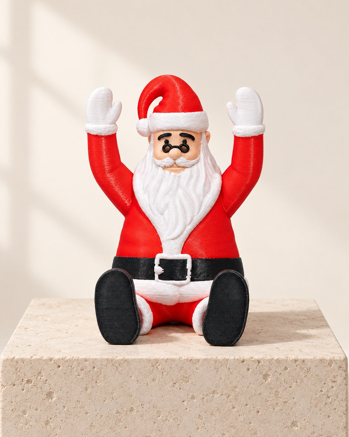 Santa Phone Stand on a pale limestone plinth, soft studio light