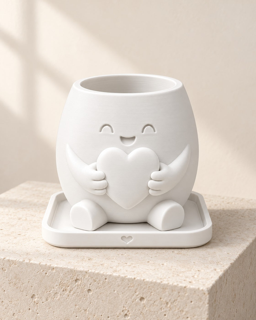 Heart Hug Planter: Smiling PETG plant pot hugging a heart, with matching saucer