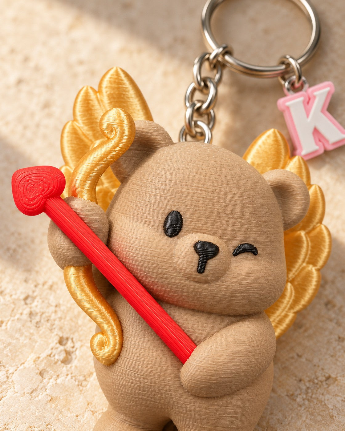 Close-up of the Cupid Cub Initial Keyring showing fine printed layer lines