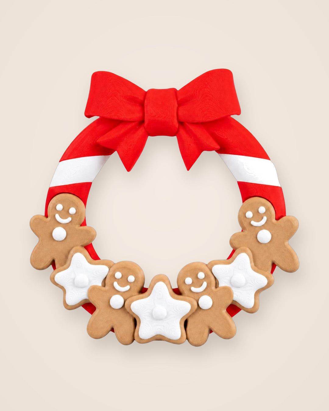 Gingerbread Christmas Wreath: Candy-cane ring with four gingerbread figures, iced stars and a red bow