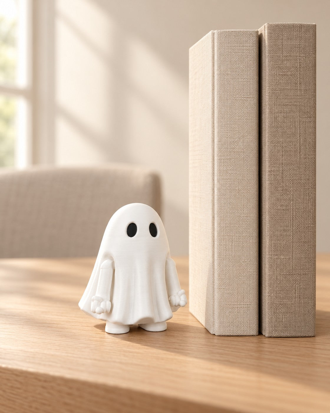 Press-Down Ghost in a calm, softly lit interior, shown at true scale