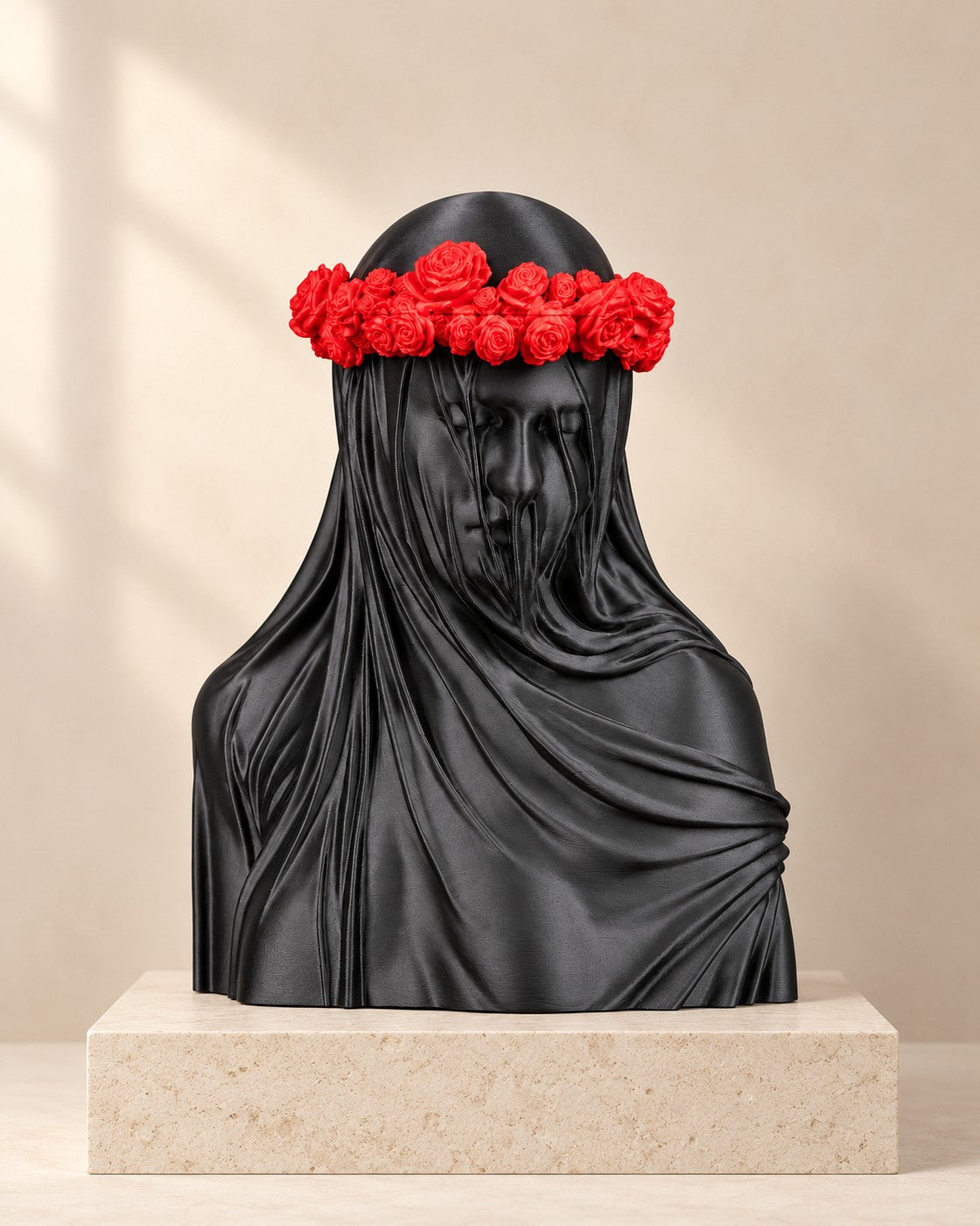 Veiled Rose Bust on a pale limestone plinth, soft studio light