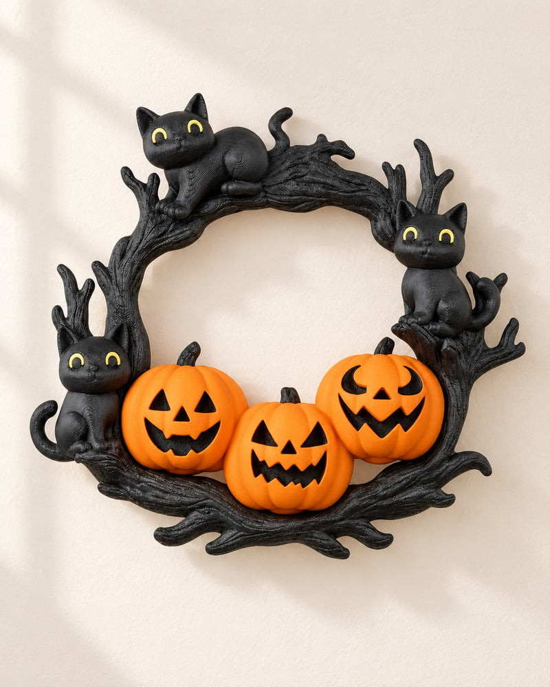Cat Halloween Wreath on a pale limestone plinth, soft studio light
