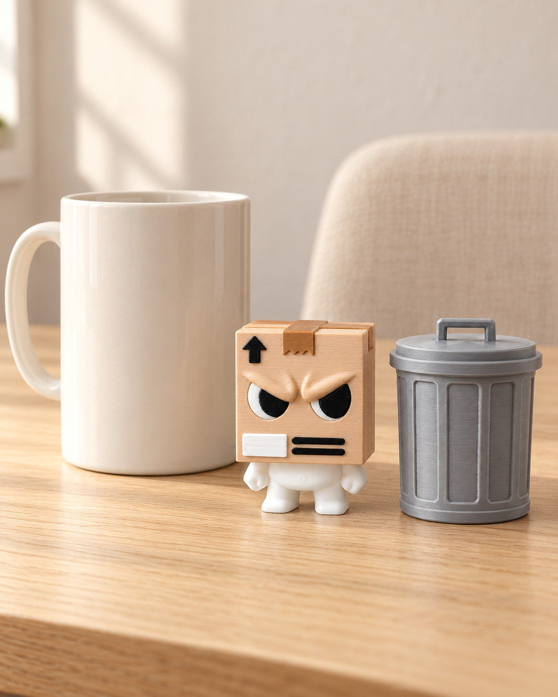 Grumpy Parcel Figurine in a calm, softly lit interior, shown at true scale