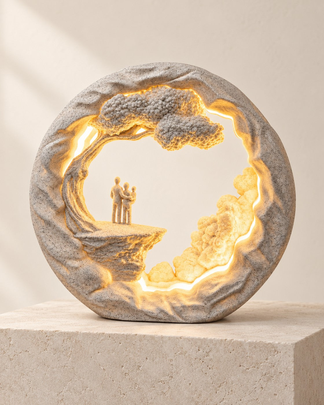 Side by Side Lamp on a pale limestone plinth, soft studio light