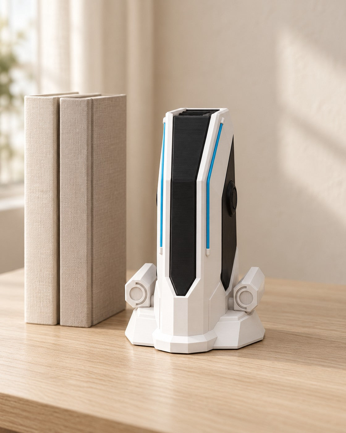Tower Headphone Stand in a calm, softly lit interior, shown at true scale