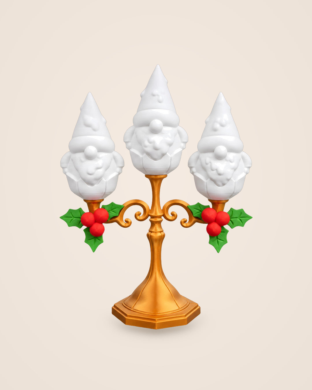 Gnome Candelabra: Gold three-arm table piece with three light-up gnomes