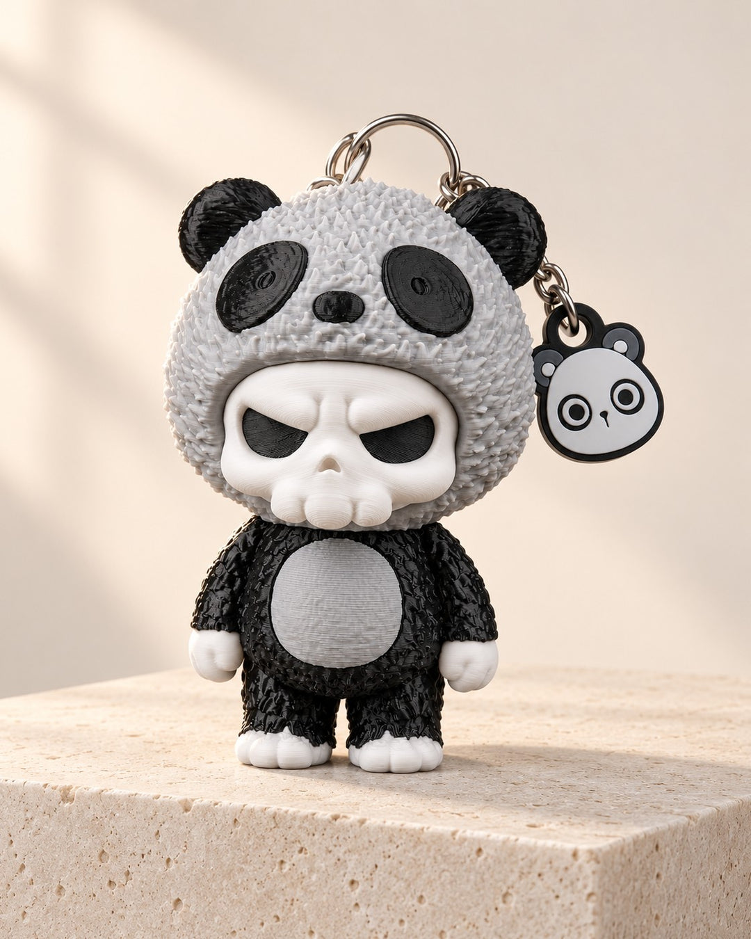 Panda Skull Charm: Grey and black character keyring with chain and panda tag