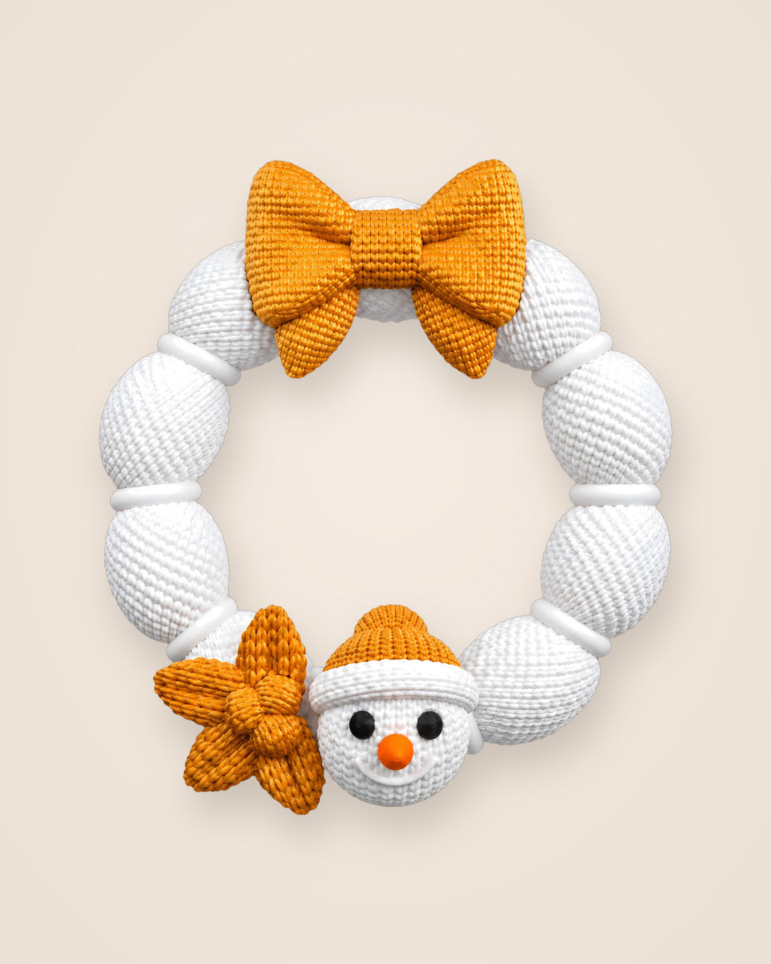 Knitted-Look Snowman Wreath: Compact 22 cm 3D-printed wreath with a snowman face, gold bow and flower