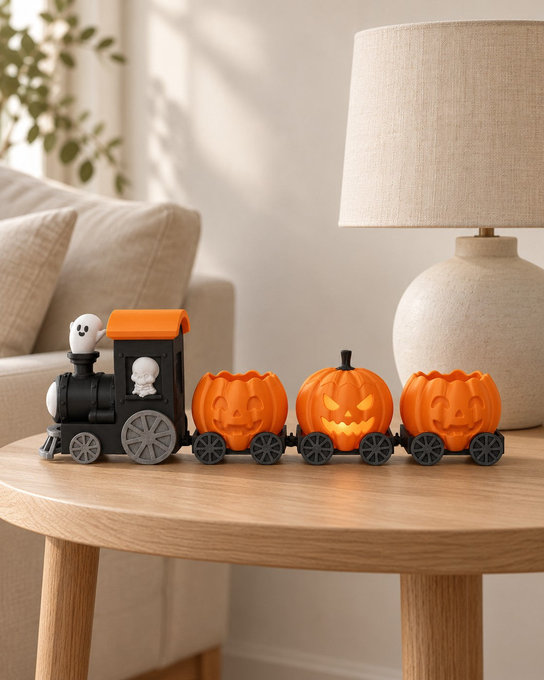 Haunted Pumpkin Train in a calm, softly lit interior, shown at true scale