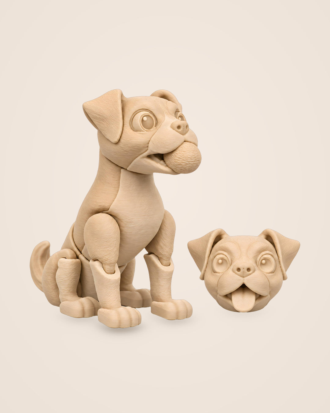 Boxer Dog with Swappable Heads: Seated beige Boxer puppy with a ball, ball-jointed legs and two interchangeable heads