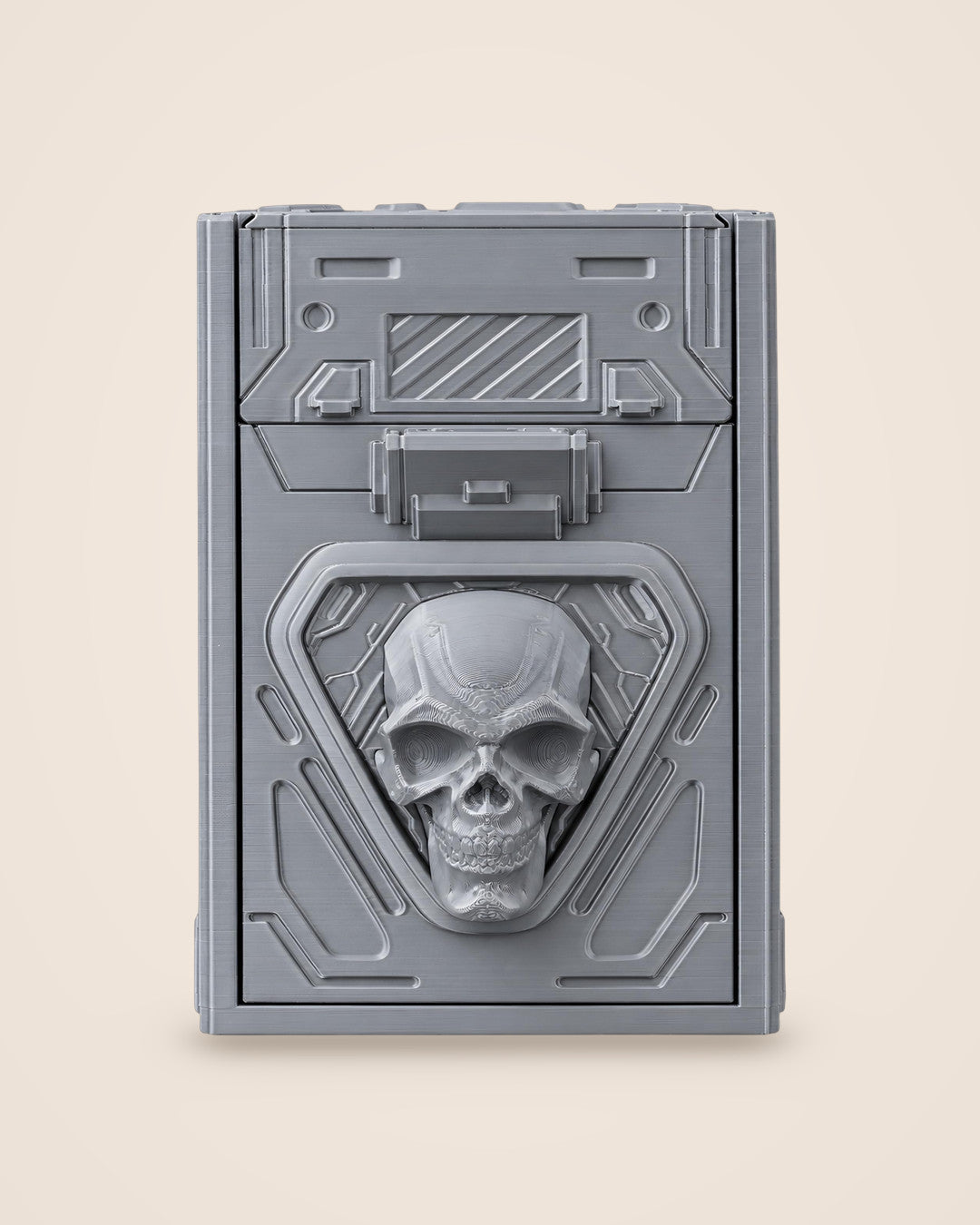 Skull Tilt Deck Box: Circuit-etched sci-fi deck box with a tilting drawer and dice compartment