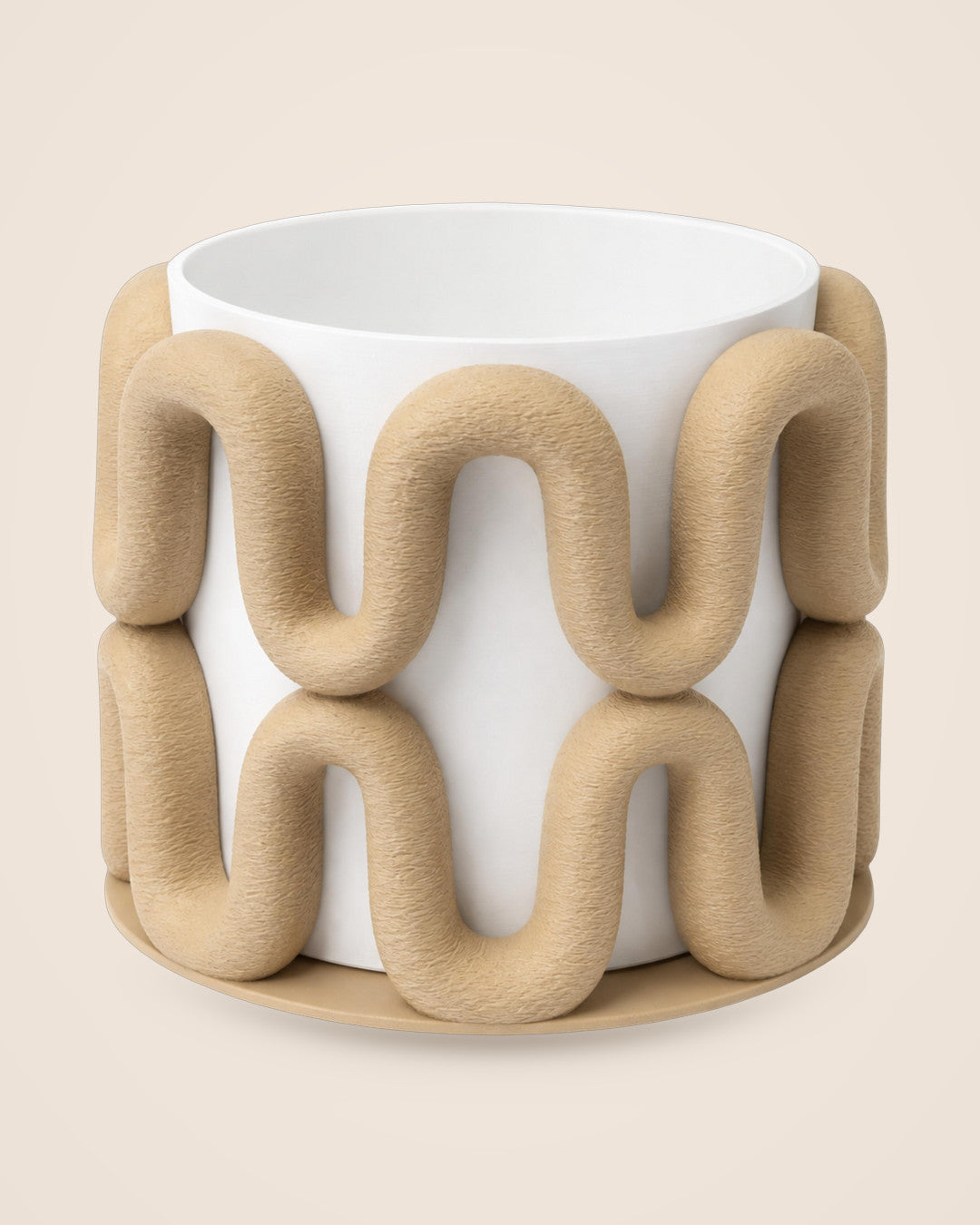 Sculptural Wave Planter: Beige wave-sculpted cachepot with a removable white inner pot