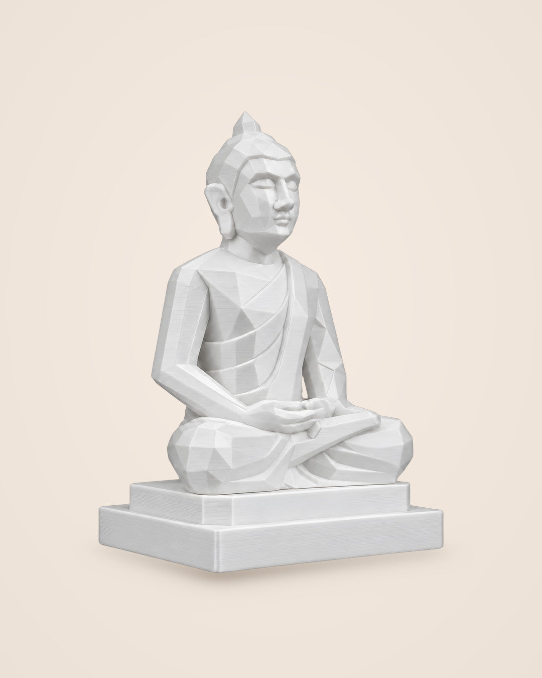 Small Meditating Buddha: Faceted matte white figure on a stepped plinth, 10.6 cm high