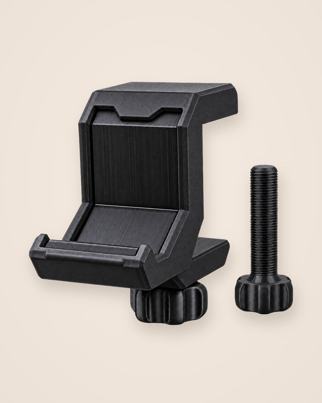 Under-Desk Headphone Clamp: Matte black PETG clamp that hangs a headset beneath the desk edge