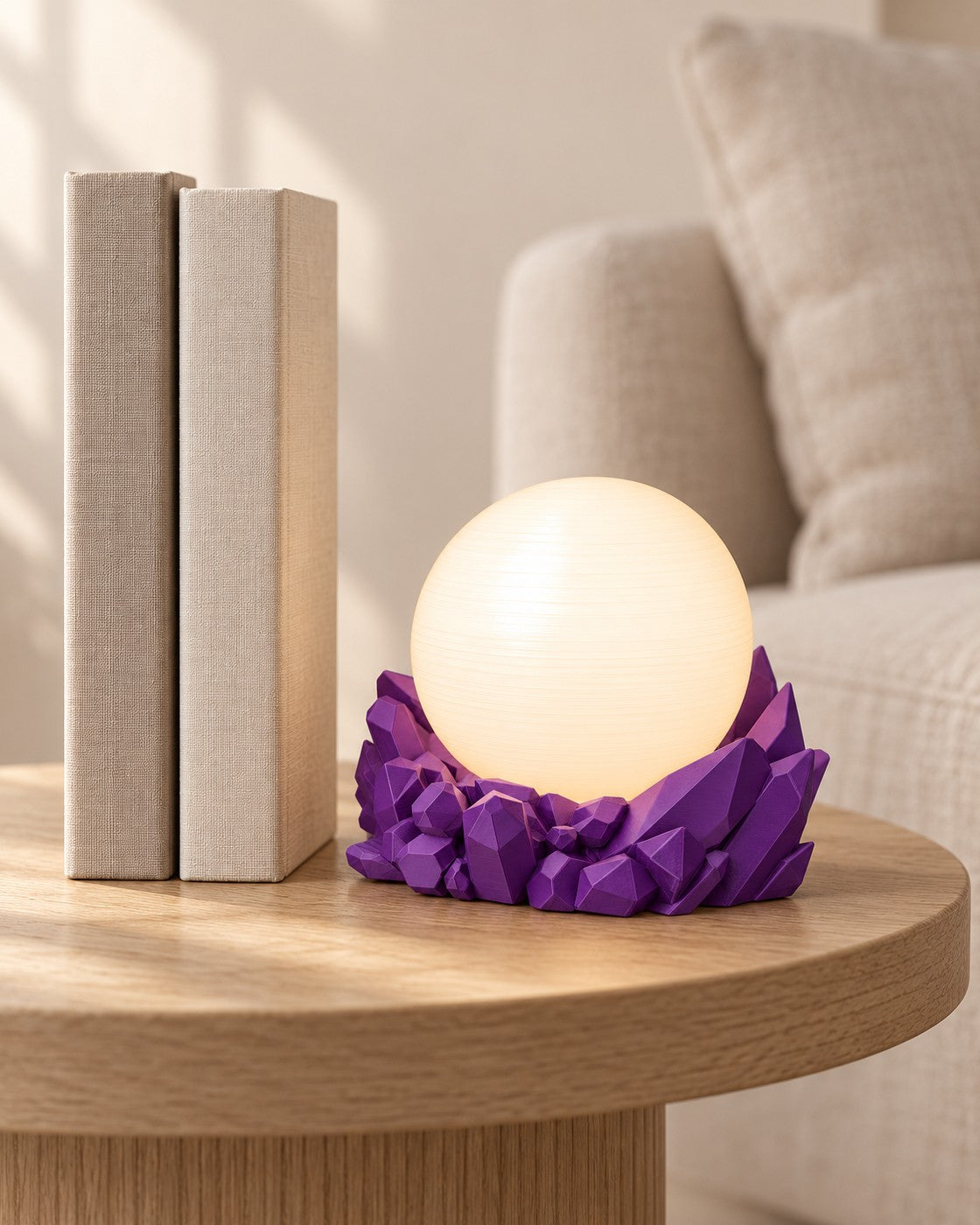 Amethyst Sphere Lamp in a calm, softly lit interior, shown at true scale