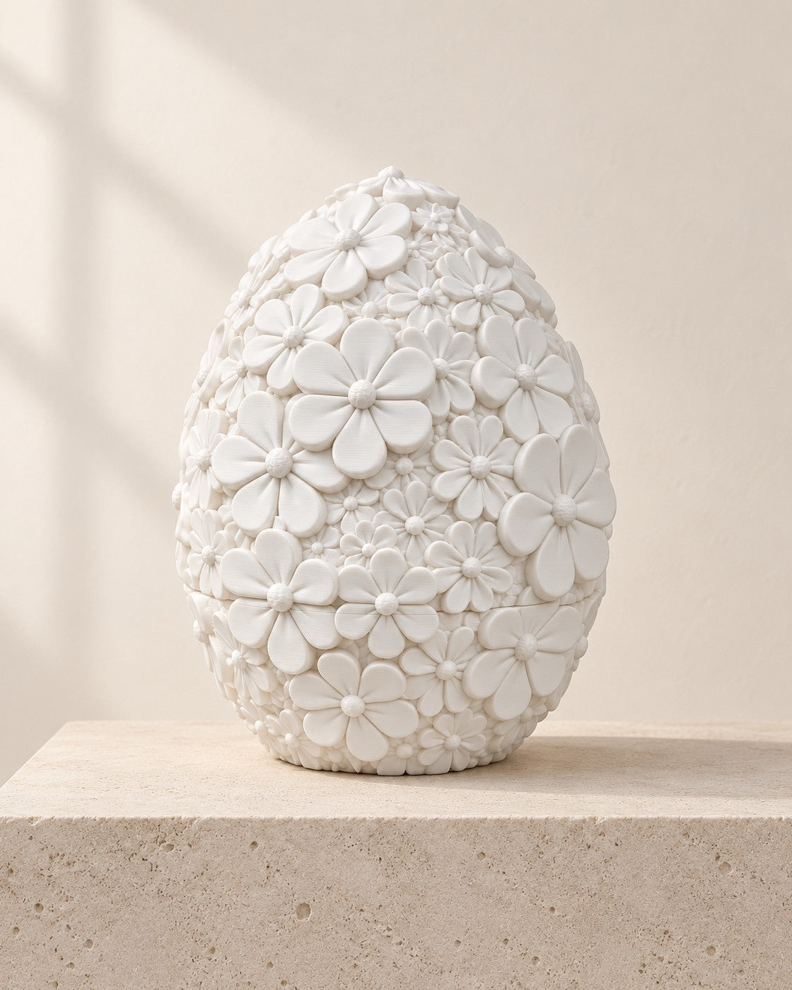Daisy Bloom Egg Box on a pale limestone plinth, soft studio light