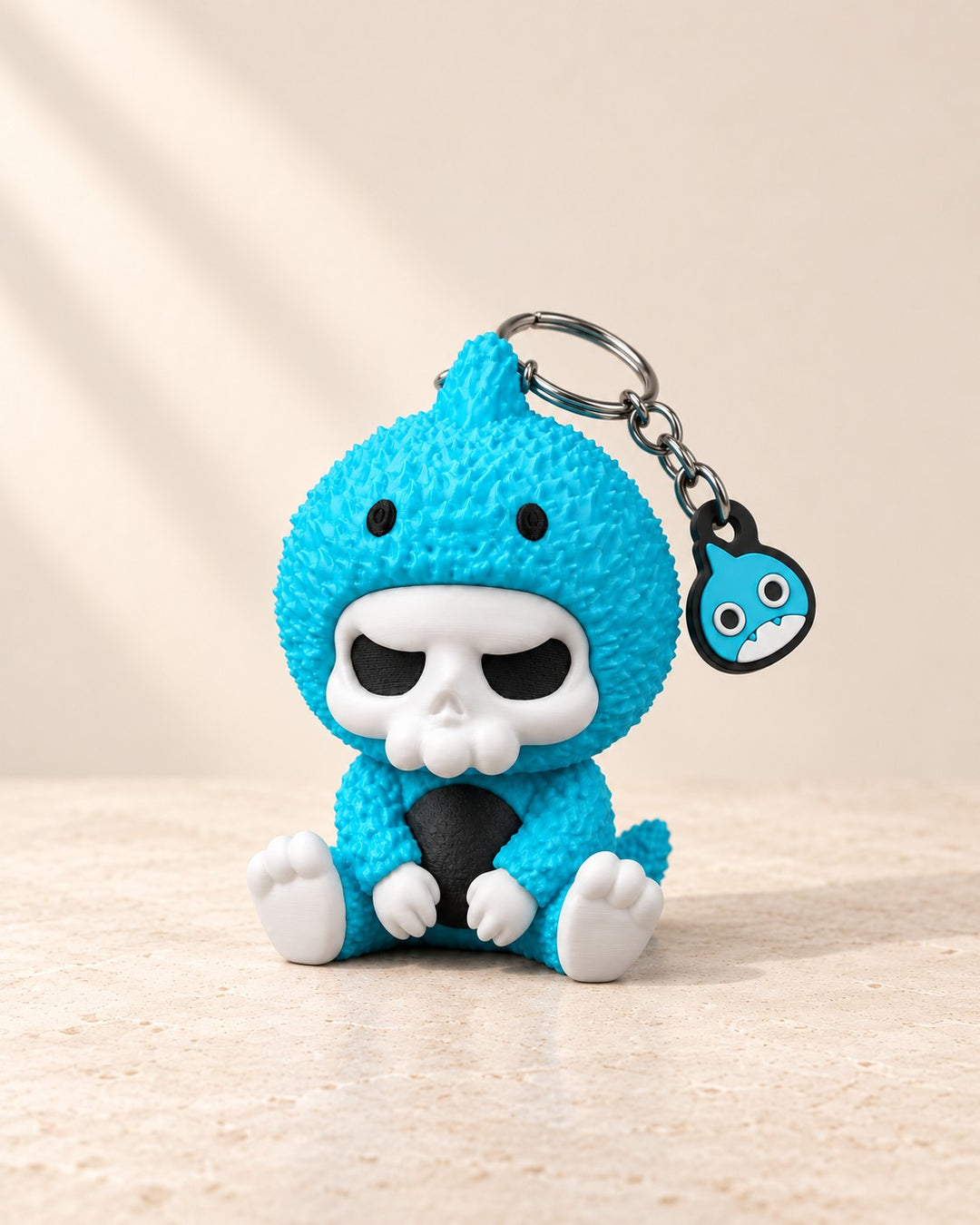 Chompy Skull Keyring: A turquoise hooded skull character with split ring, chain and a matching charm