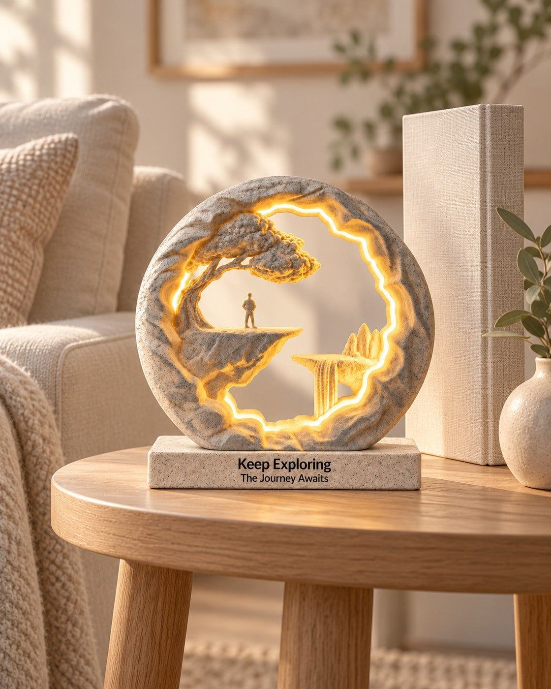 The Wanderer Lamp, Personalised in a calm, softly lit interior, shown at true scale
