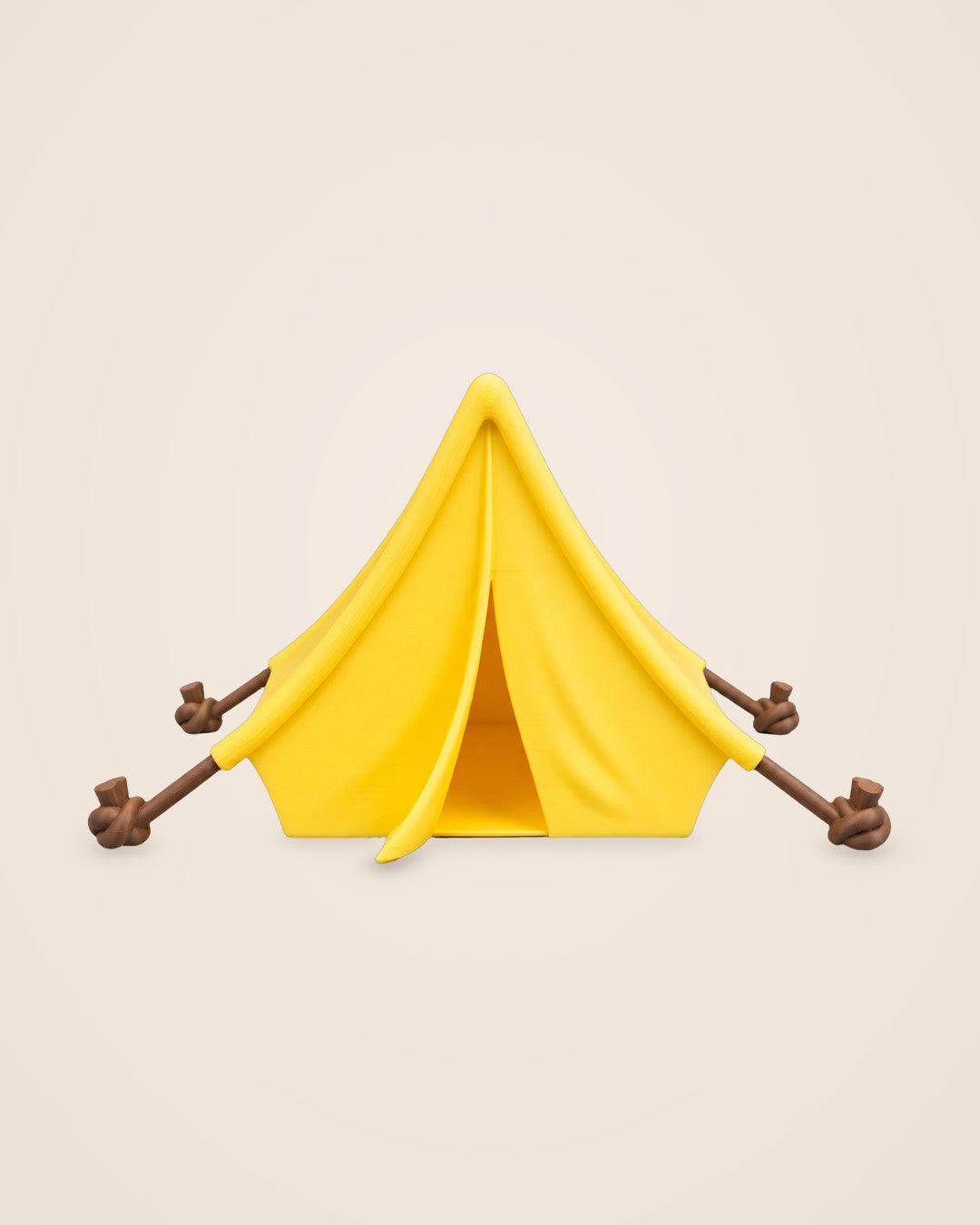 Miniature Camping Tent: Yellow A-frame tent with four staked ropes, for fairy gardens and shelves
