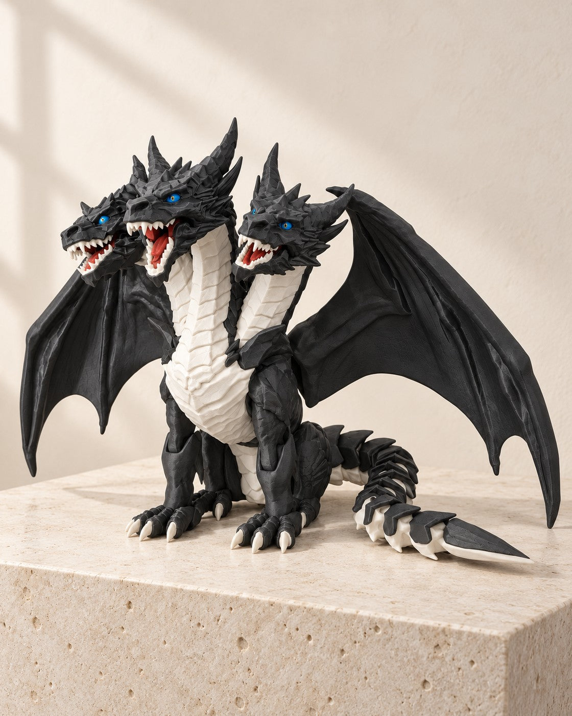 Three-Headed Dragon on a pale limestone plinth, soft studio light