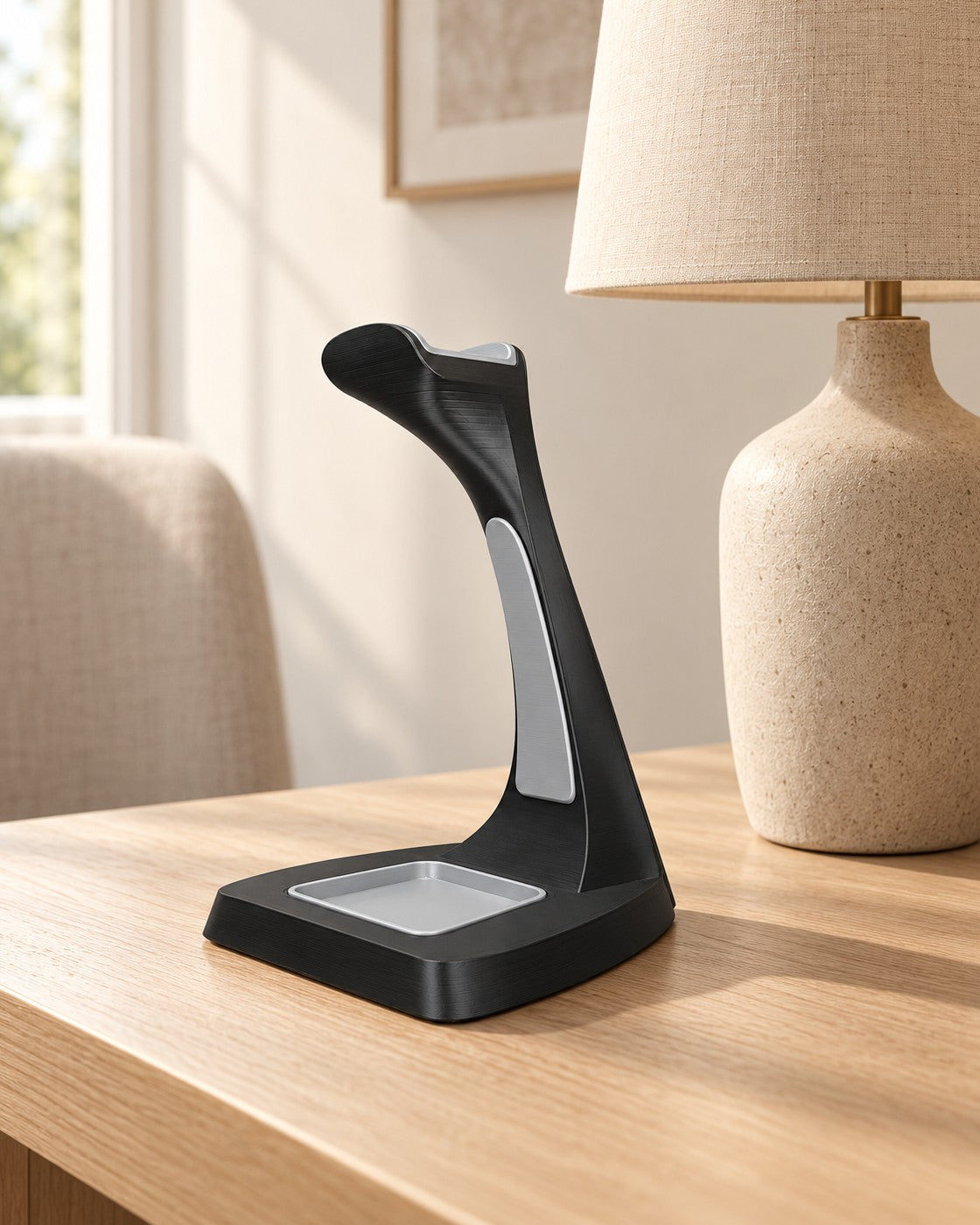 Arch Headphone Stand in a calm, softly lit interior, shown at true scale