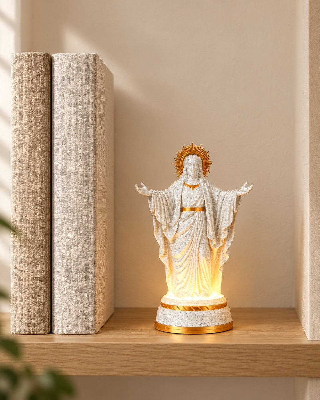 Christ of Light Statue in a calm, softly lit interior, shown at true scale