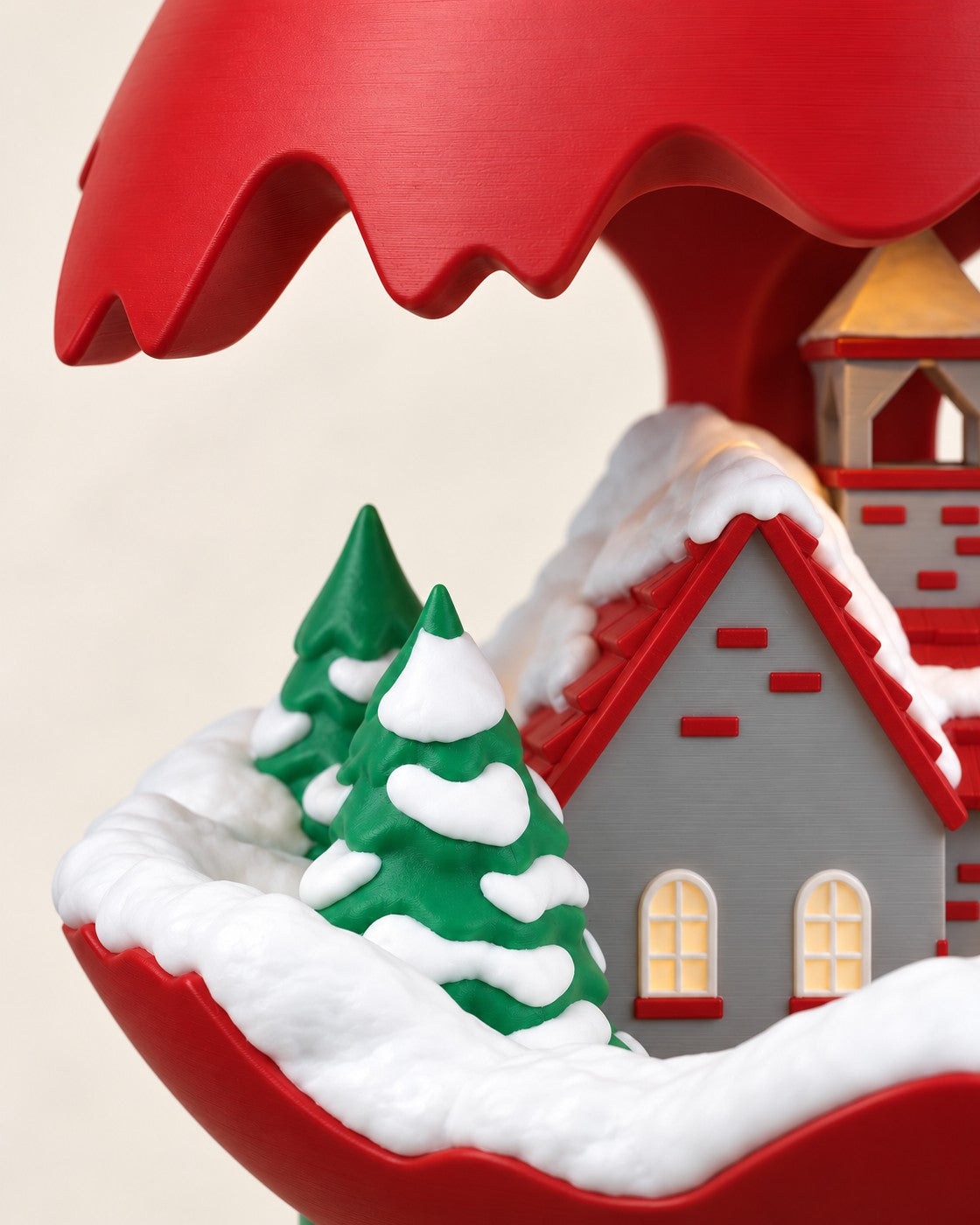 Close-up of the Winter's Glow Village Lamp showing fine printed layer lines