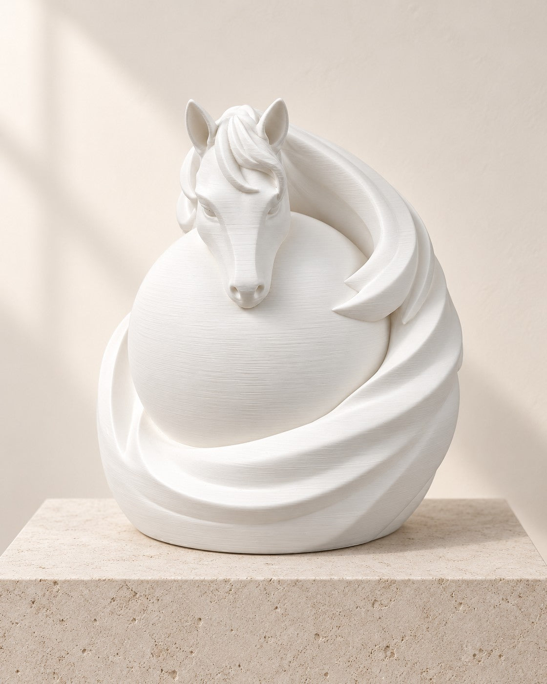 Stallion Sphere Lamp on a pale limestone plinth, soft studio light