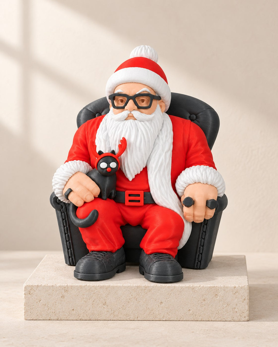 Cool Santa with Cat: A laid-back Father Christmas in an armchair, with a black cat in antlers