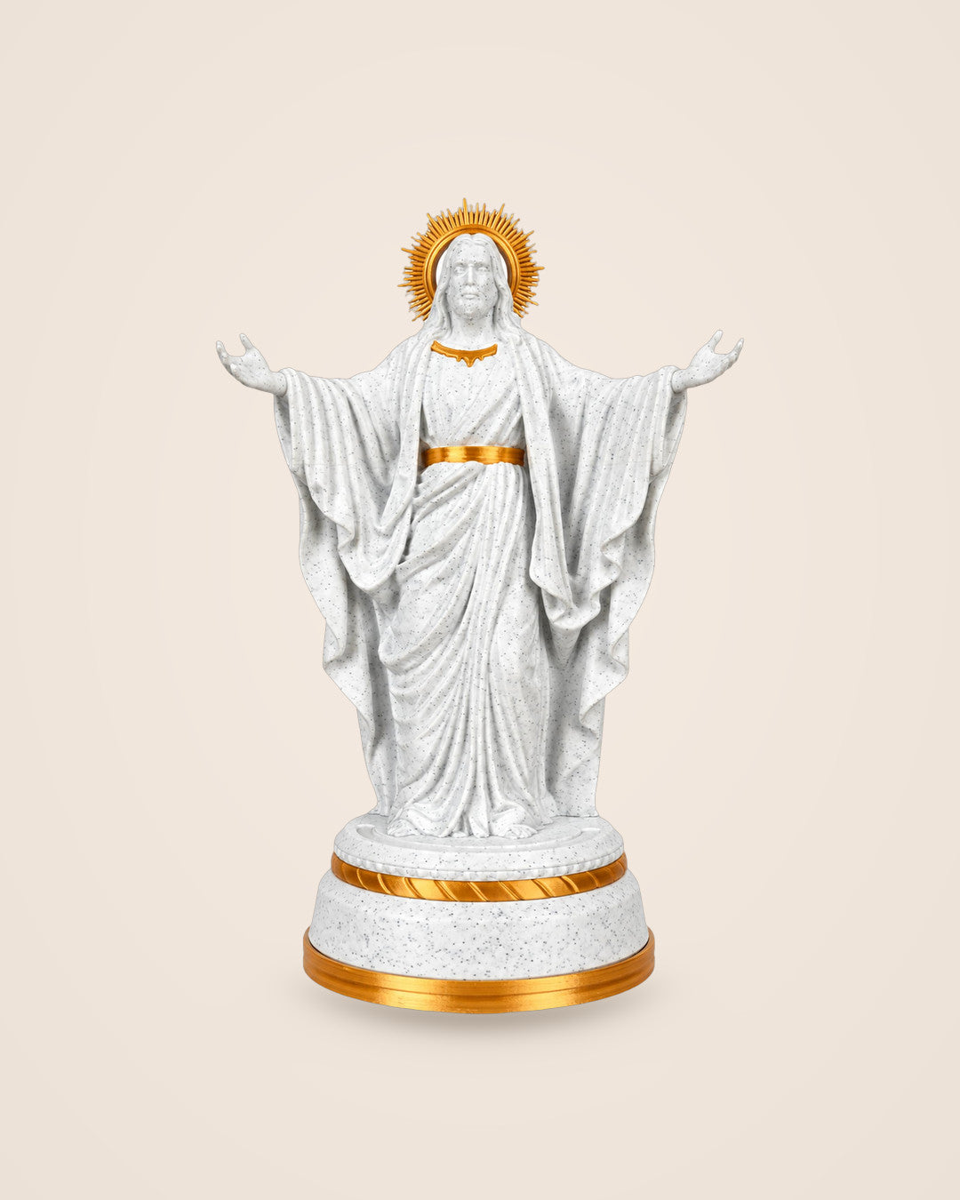 Christ of Light Statue: Open-armed figure in off-white and gold-tone, with a warm LED base