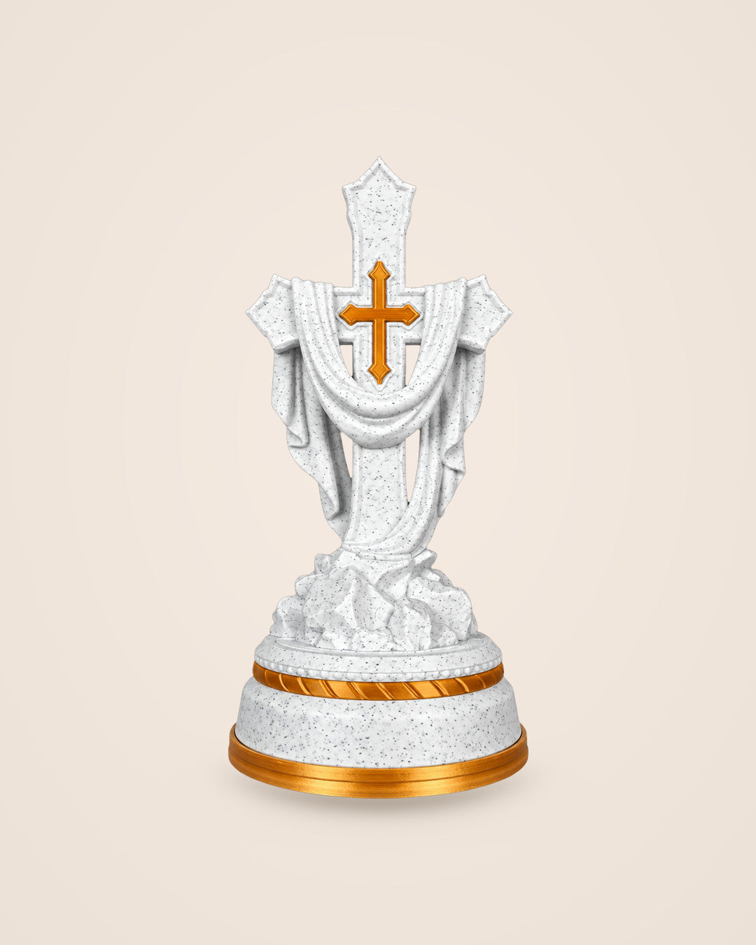 Illuminated Draped Cross: Compact white and gold statue with a softly lit base