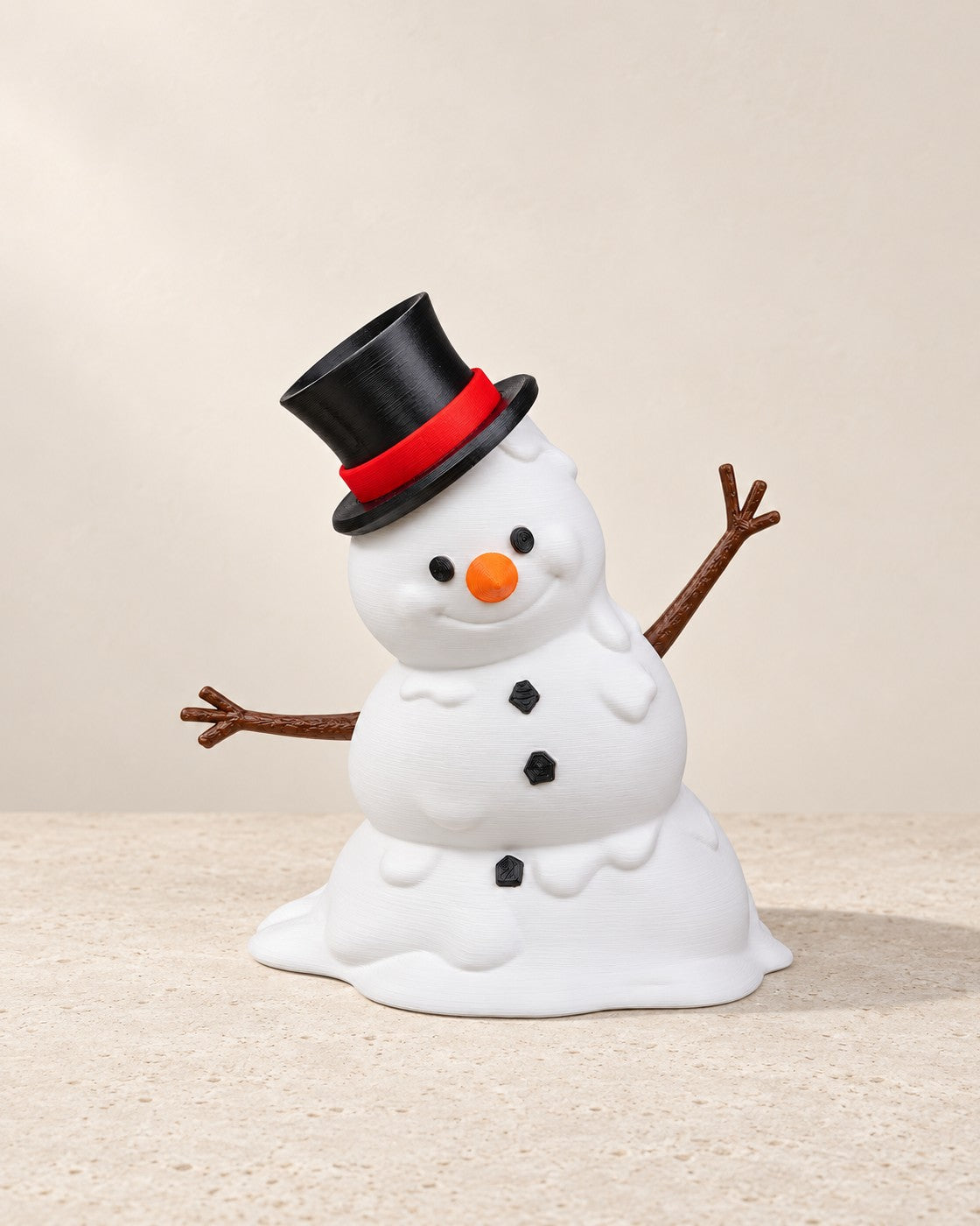 Melting Snowman Lamp on a pale limestone plinth, soft studio light